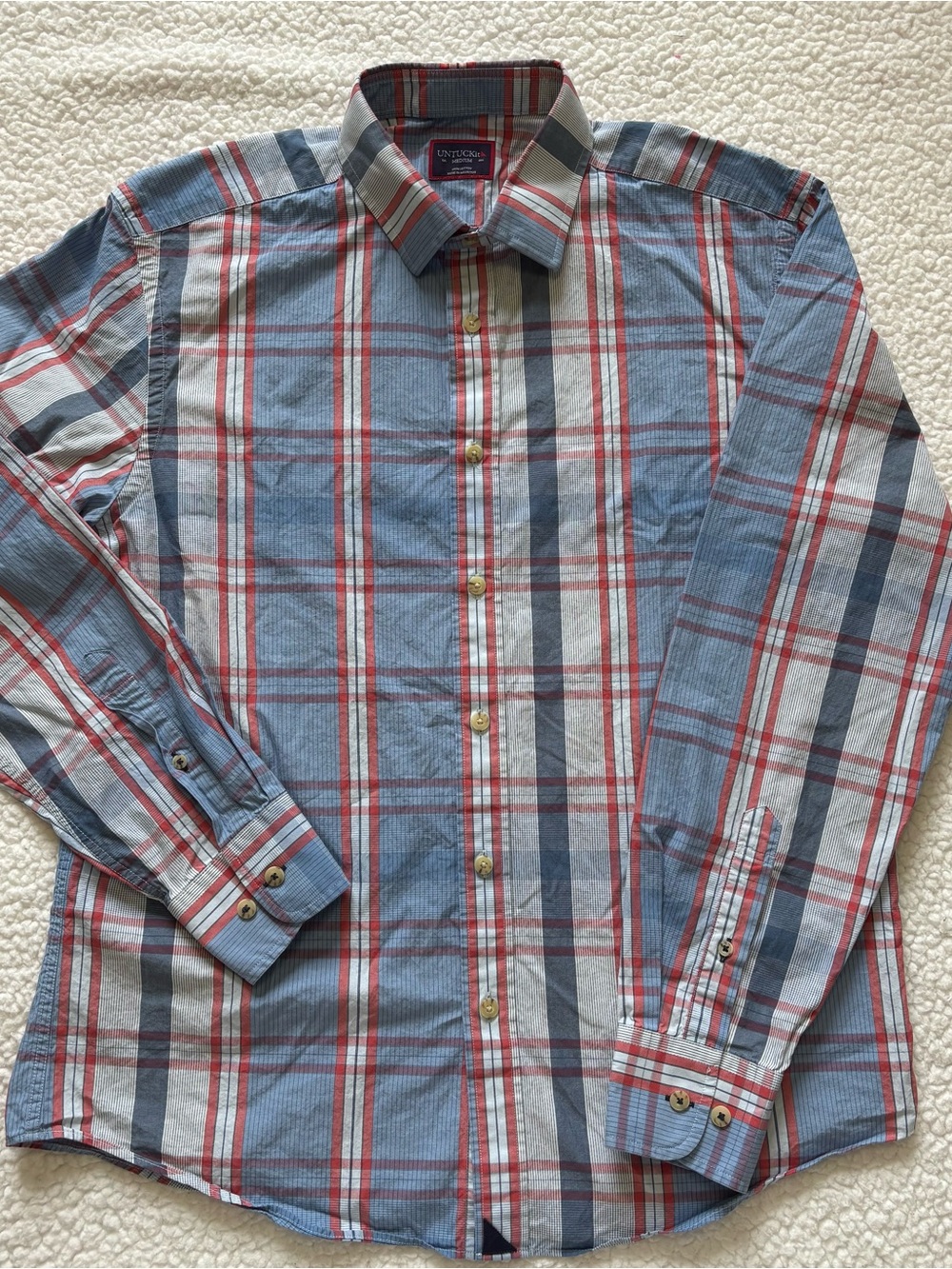 UNTUCKit Men's Plaid Button long sleeve Down Shirt Medium Blue Red Check Preppy